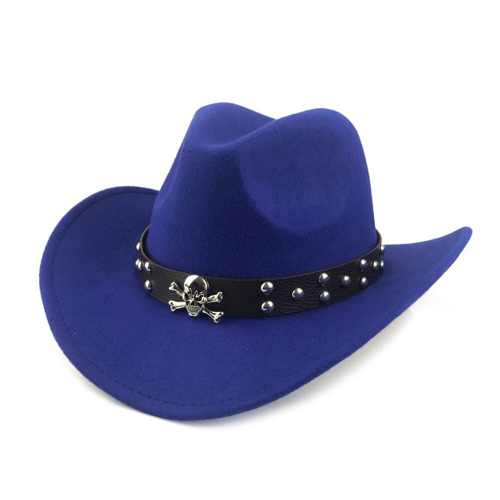 Blue Western Skull Cowboy, Cowgirl Hat, Skull Strap,‎ Men Women Retro Wide Brim
